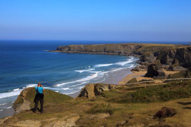 Bedruthan Steps (England), UK - August 13, 2015: Bedruthan Steps beach and coast, Cornwall, United Kingdom.