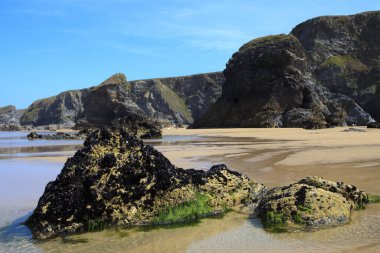Bedruthan Steps (England), UK - August 13, 2015: Bedruthan Steps beach and coast, Cornwall, United Kingdom.