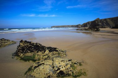 Bedruthan Steps (England), UK - August 13, 2015: Bedruthan Steps beach and coast, Cornwall, United Kingdom.