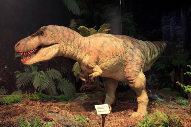 St. Austell (England), UK - August 14, 2015: Dinosaurs in Eden Project garden, St. Austell, Cornwall, England, United Kingdom.