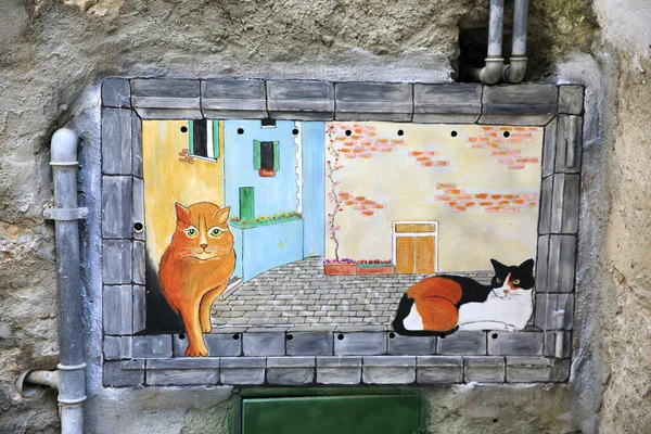 Finalborgo Italy December 2017 Painted Cat Picture House Finalborgo Village — стоковое фото