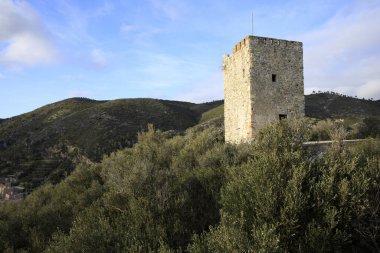 Varigotti (SV), Italy - December 30, 2017: Varigotti's tower near Crena point, Italian Riviera, Savona, Liguria, Italy