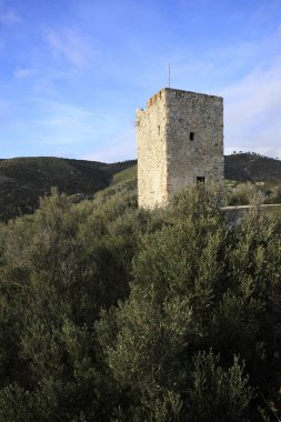 Varigotti (SV), Italy - December 30, 2017: Varigotti's tower near Crena point, Italian Riviera, Savona, Liguria, Italy