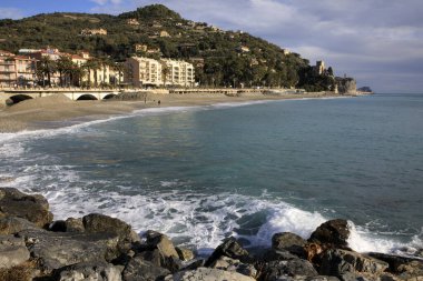 Finale Ligure (SV), Italy - December 30, 2017: Finale Ligure beach, Italian Riviera, Savona, Liguria, Italy