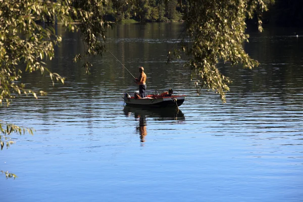 Sesto Calende Italy September 2016 Fisherman Boat Ticino River Lombardy — Stock Photo, Image