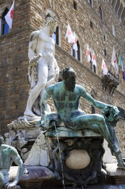 Firenze, İtalya - 21 Nisan 2017: Bartolomeo Ammanati 'nin Neptun Çeşmesi, Piazza della Signoria, Florence, Firenze, Toskana, İtalya