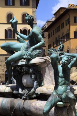 Firenze, İtalya - 21 Nisan 2017: Bartolomeo Ammanati 'nin Neptun Çeşmesi, Piazza della Signoria, Florence, Firenze, Toskana, İtalya