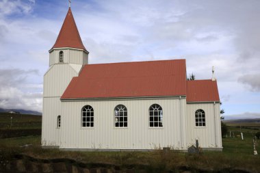 Akureyri / İzlanda - 26 Ağustos 2017: Laufas Halk Müzesi 'ndeki kilise, İzlanda, Avrupa