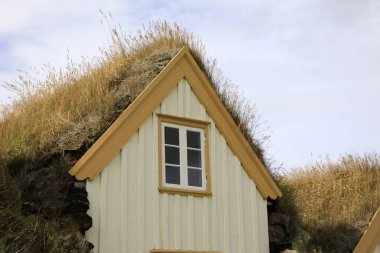 Akureyri / İzlanda - 26 Ağustos 2017: Laufas Halk Müzesi alanında çatı çimeni olan tipik evler, İzlanda, Avrupa