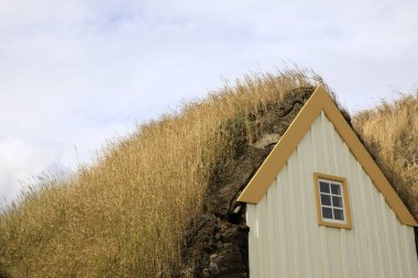 Akureyri / İzlanda - 26 Ağustos 2017: Laufas Halk Müzesi alanında çatı çimeni olan tipik evler, İzlanda, Avrupa
