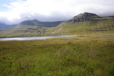 İzlanda - 29 Ağustos 2017: Halka Yolu yakınlarındaki kıyı manzarası, İzlanda, Avrupa