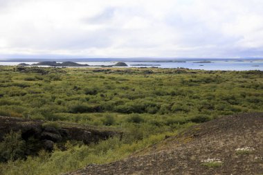 Myvatn / İzlanda - 30 Ağustos 2017: Hiverfjall Volkanı yakınlarındaki manzara, İzlanda, Avrupa