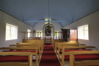 Akureyri / Iceland - August 26, 2017: The wooden church inside in Laufas Folk museum area, Iceland, Europe