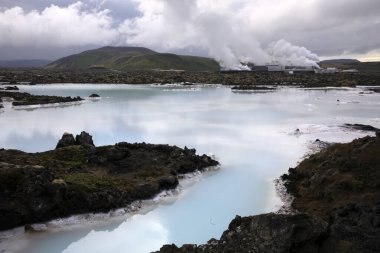Grindavik / Iceland - August 15, 2017: The geothermal hot water and landscape around blue lagoon, Reykjavik, Iceland, Europe