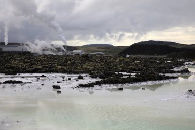 Grindavik / Iceland - August 15, 2017: The geothermal hot water and landscape around blue lagoon, Reykjavik, Iceland, Europe