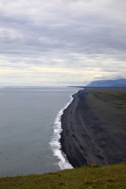 Vik / İzlanda - 15 Ağustos 2017: Dyrholaey promontory, Vik, İzlanda, Avrupa 'dan volkanik plaj manzarası