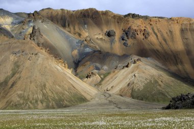 Landmannalaugar / İzlanda - 15 Ağustos 2017: Landmannalaugar parkında renkli dağlar, İzlanda, Avrupa 