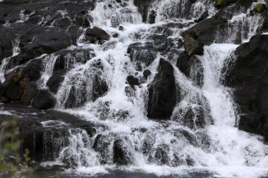 Hraunfossar / İzlanda - 15 Ağustos 2017: Hraunfossar şelaleleri, Langjokul, İzlanda, Avrupa 'da bulunan bir volkanın patlaması sonucu oluşan Hallmundarhraun lav alanından akan nehirler tarafından oluşturuldu.