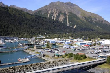 Seward, Alaska / Usa - 08 Ağustos 2019: Seward liman manzaralı yolcu gemisi, Seward, Alaska, Usa