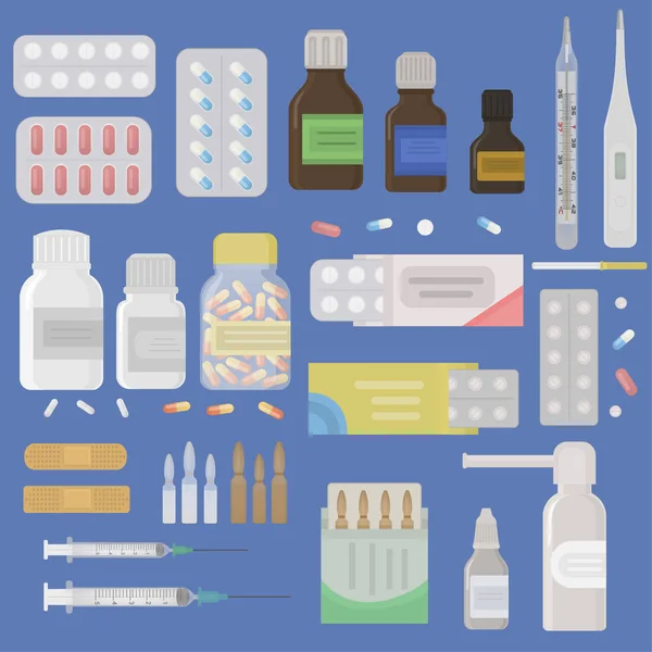 Trousse Pharmacie Beaucoup Médicaments Comprimés Vitamines Thermomètres Ampoules Seringues Plâtres — Image vectorielle