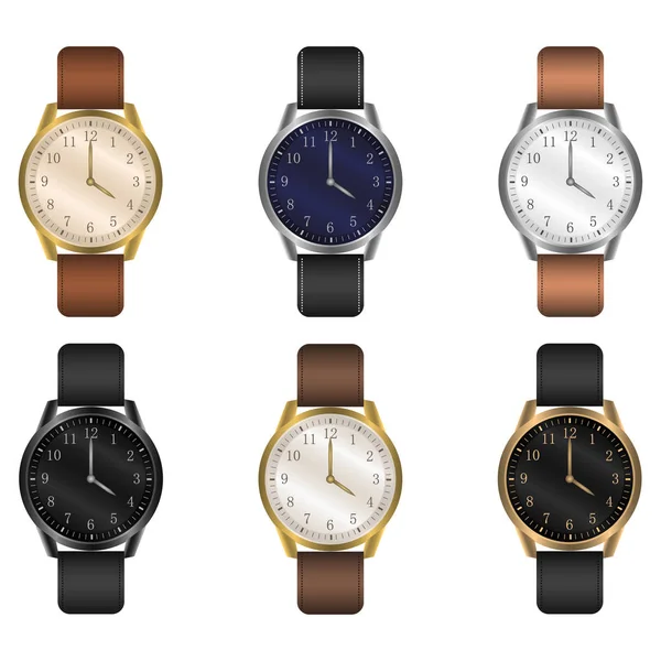 Conjunto Relojes Clásicos Muñeca Negro Blanco Azul Esfera Dorada — Vector de stock