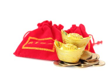 Ancient Chinese golden ingots, gold coins and Chinese lucky red bag on white background, Chinese new year ornament clipart