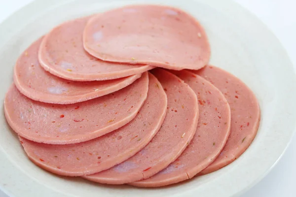 Cooked Boiled Ham Sausage Rolled Bologna Slices White Plate Top — Stock Photo, Image