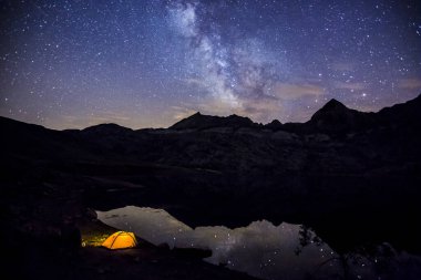 İbon De Estanes, Pireneler, İspanya 'da Samanyolu ve çadır