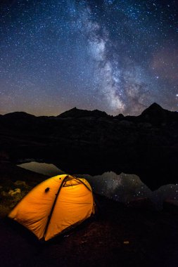 Milky way and tent in Ibon De Estanes, Pyrenees, Spain clipart