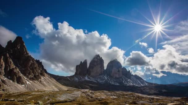 Solnedgång Tre Cime Lavaredo Dolomiterna Alperna Italien — Stockvideo