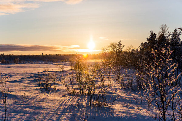 Зимний закат в Нуоргаме, Лапландия, Финляндия