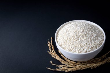 Tayland glutinous pirinci ya da siyah arka planda beyaz seramik kasede yapışkan pirinç. 45 derece açı. Yakın çekim.