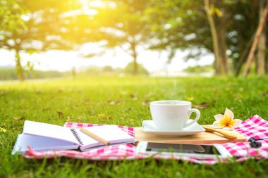 Sabahları çimenlerin üzerinde piknik kahvesi, tatilde dinlenmek..