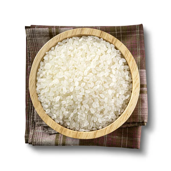 Japonská Rýže Dřevěné Míse Umístěné Látce Izolované Bílém Pozadí Oříznutými — Stock fotografie