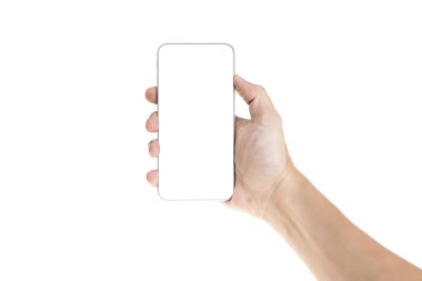 Beyaz ekranlı beyaz akıllı telefonu tutan adam beyaz arka planda izole edilmiş, kırpma yolu.