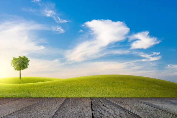 Old Wooden Floor Green Field Slope Tree Blue Sky Clouds Stock Image