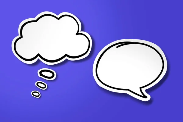 White paper cut speech bubble and think bubble on blue background.