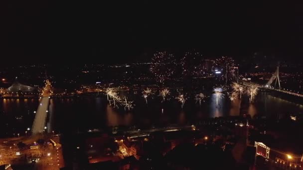 Aerial view of the beautiful fireworks show in riga latvia celebrating — Stock Video