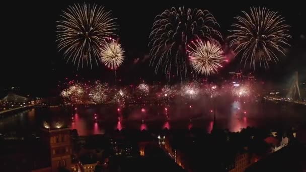 Aerial view of the beautiful fireworks show in riga latvia celebrating — Stock Video