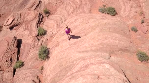 Letecký pohled na dívku v ohybu podkovy meander na řece Colorado — Stock video