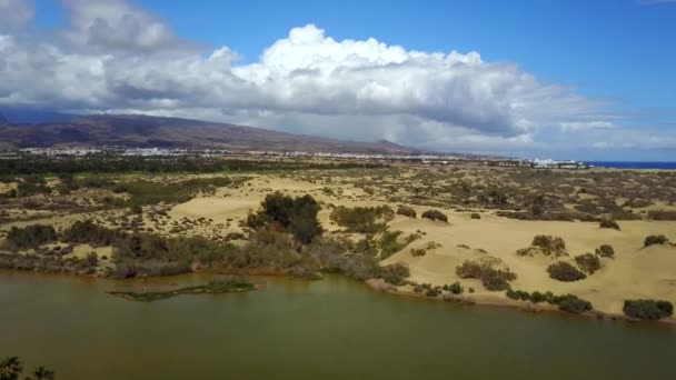 그란 카나리아에 있는 마스 카르마의 아름다운 모래 언덕들의 공중 사진 — 비디오
