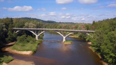 Turaides Kalesi 'nin havadan görünüşü. Büyük yeşil ormanlar. Gauja Nehri.