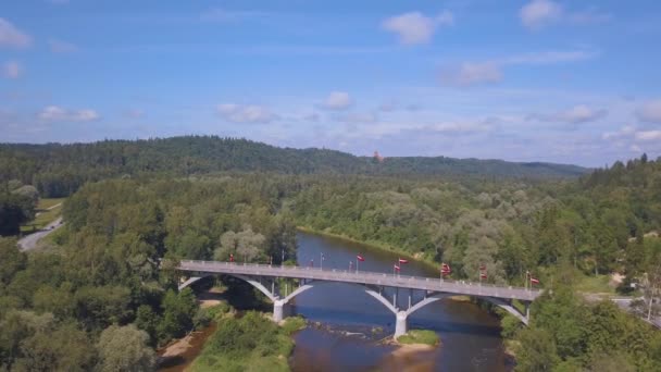Antenn utsikt med turaides slott enorma gröna skogar flod gauja dalen vacker latvia — Stockvideo