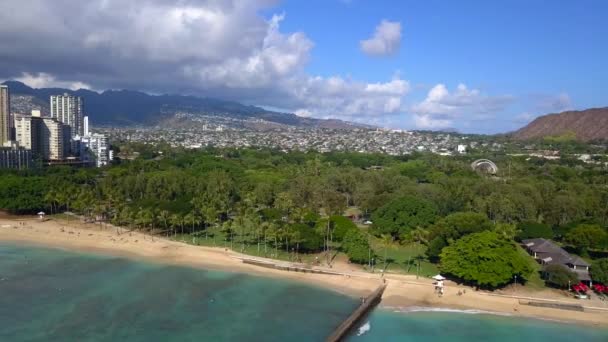 Beautiful aerial view of the waikiki beach with honolulu city — Stock Video