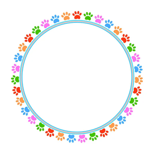 Colorful animal paw prints round frame. — Stock Vector