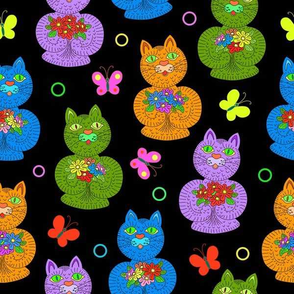 Cats with flowers seamless pattern. — Stock Vector