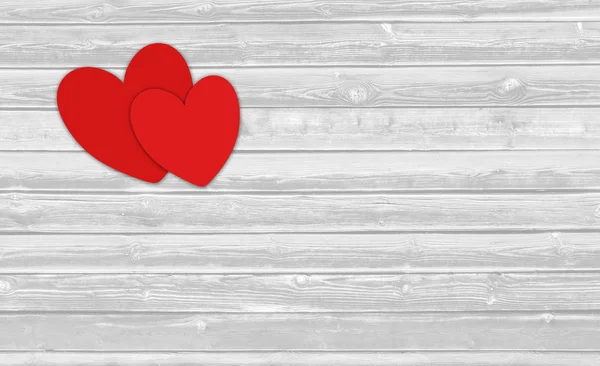 Два Червоних Серця Валентина Білому Дерев Яному Фоні Порожнім Простором — стокове фото