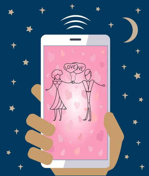 Teléfono móvil en la mano con mensajes de amor de boda — Vector de stock