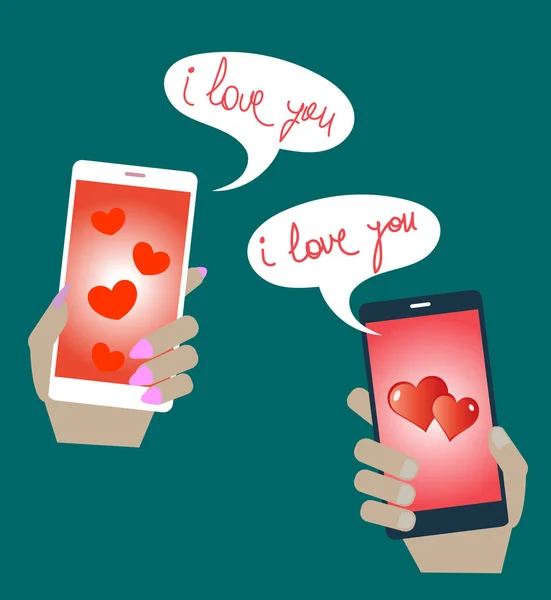 Teléfono móvil amor llamadas telefónicas y declaraciones de amor . — Vector de stock