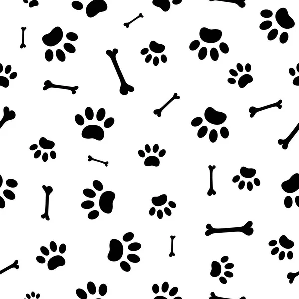 Seamless pattern of black paw prints and bones. — Stock Vector